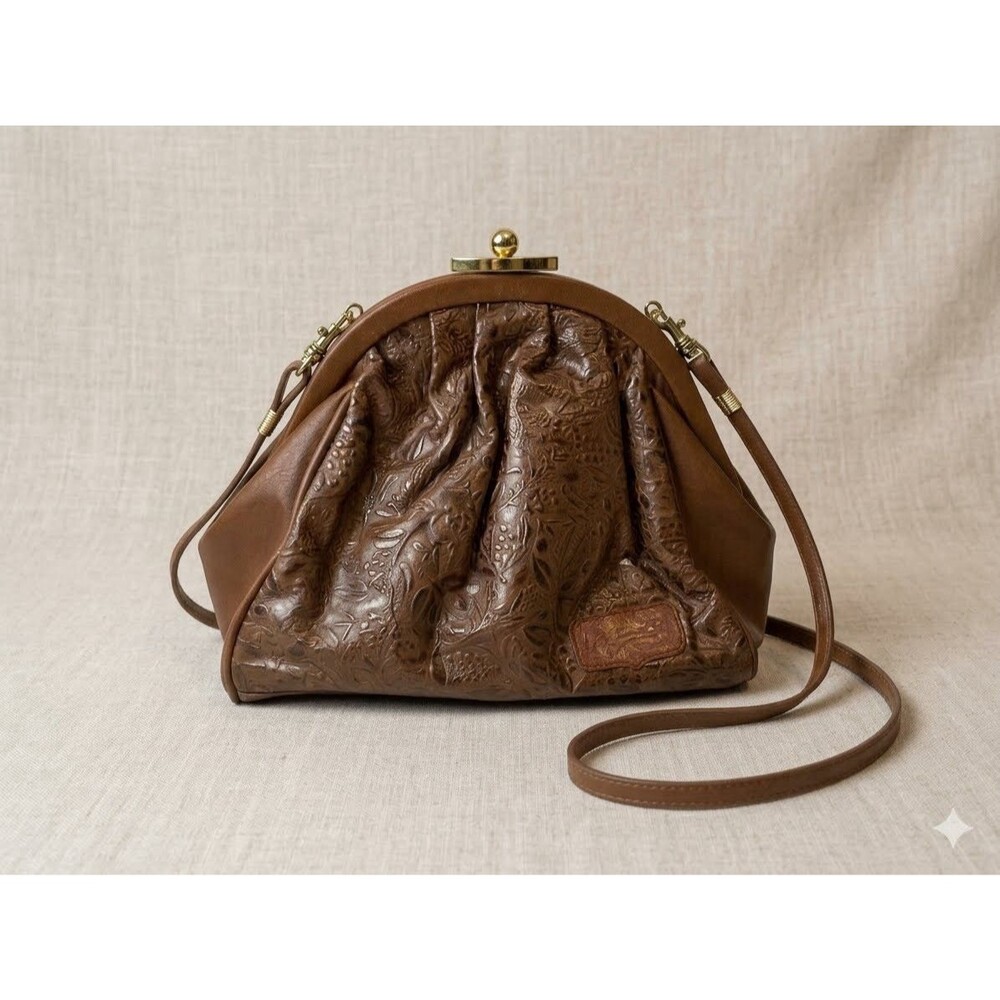 VTG Adi-Orr by Hana Rozenne Leather Handbag Floral Embossed Kiss Lock Crossbody